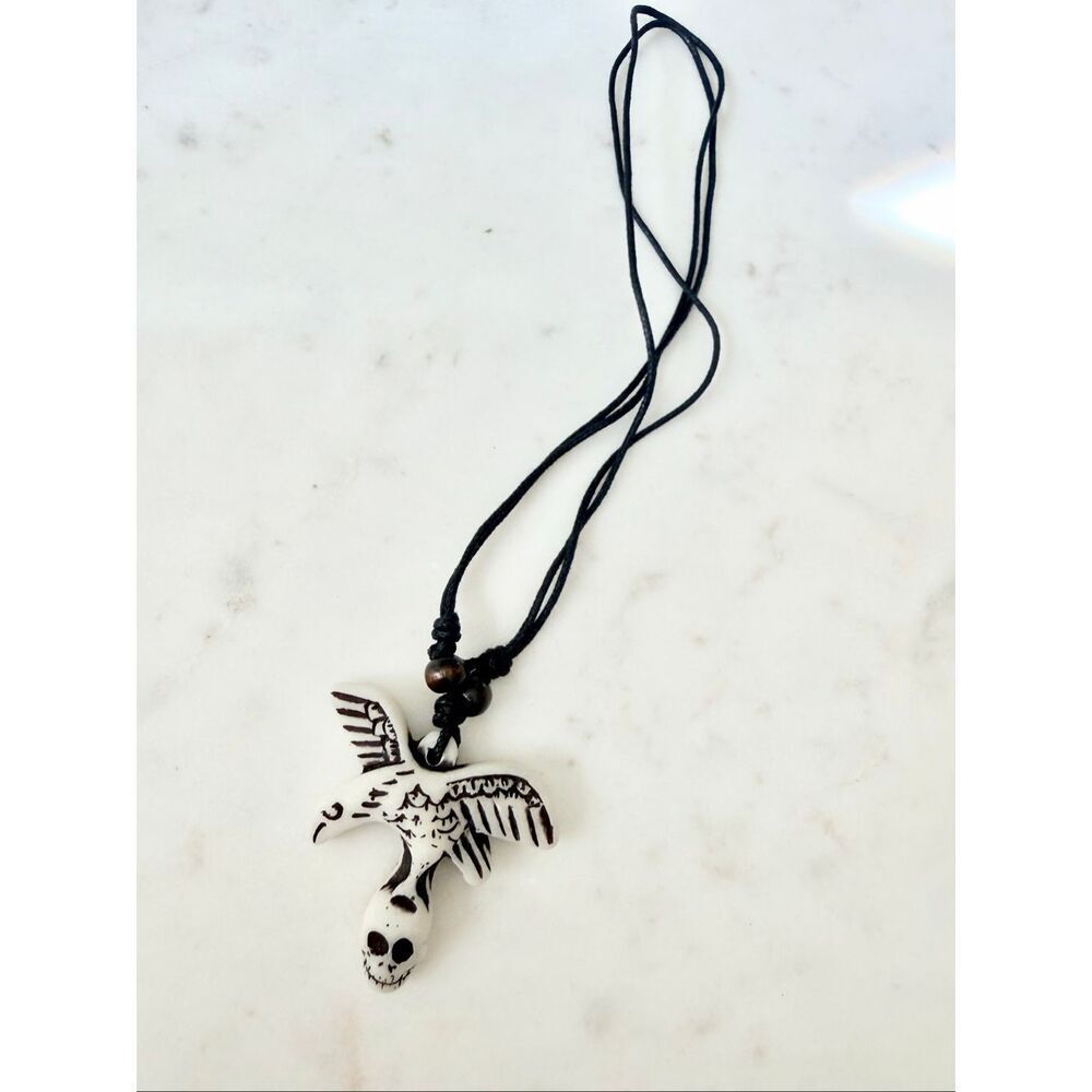 Eagle Skull Pendant Necklace Adjustable Cord Gothic Tribal Boho Jewelry